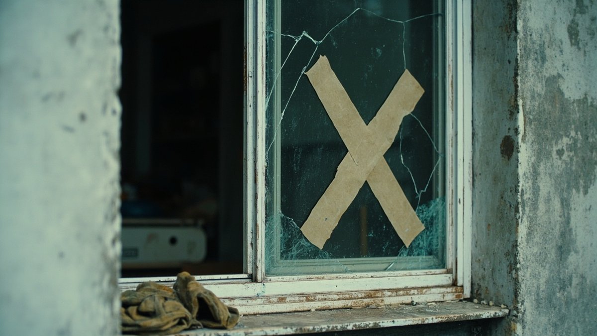 Aluminium sliding window with a cracked pane taped in a cross and work gloves on the sill