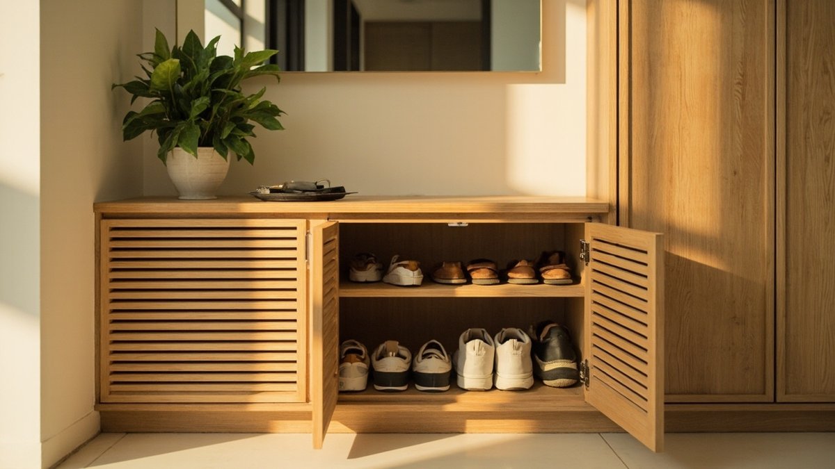 Built-in shoe cabinet fitted at a condo entrance with louvred wood doors