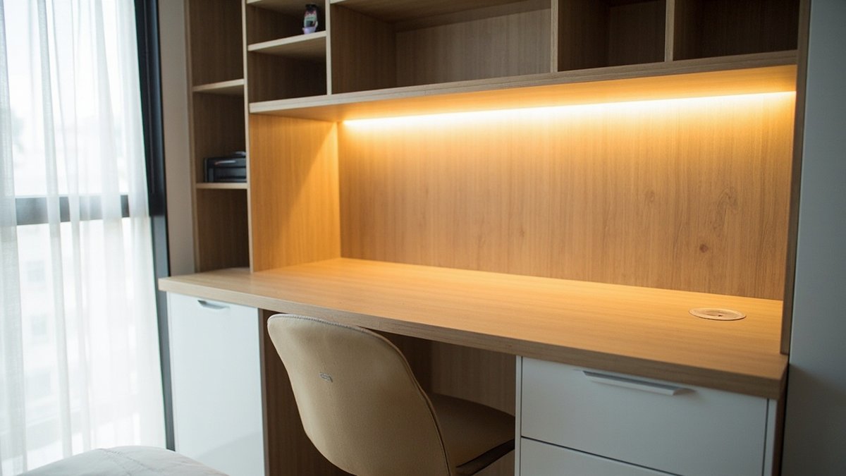 Built-in oak study desk with a drawer pedestal, knee space and shelves with LED lighting above