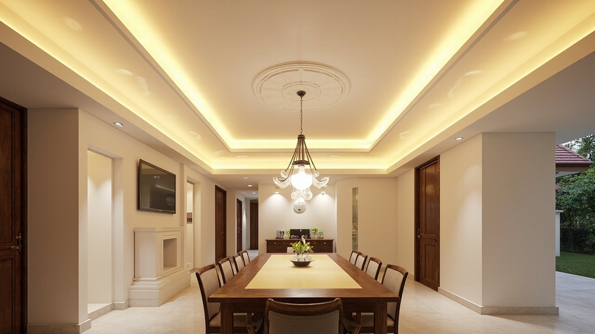 Ilustrasi konsep reka bentuk: siling dua tingkat berlampu cove dengan medalion plaster bulat dan chandelier kaca di atas meja makan