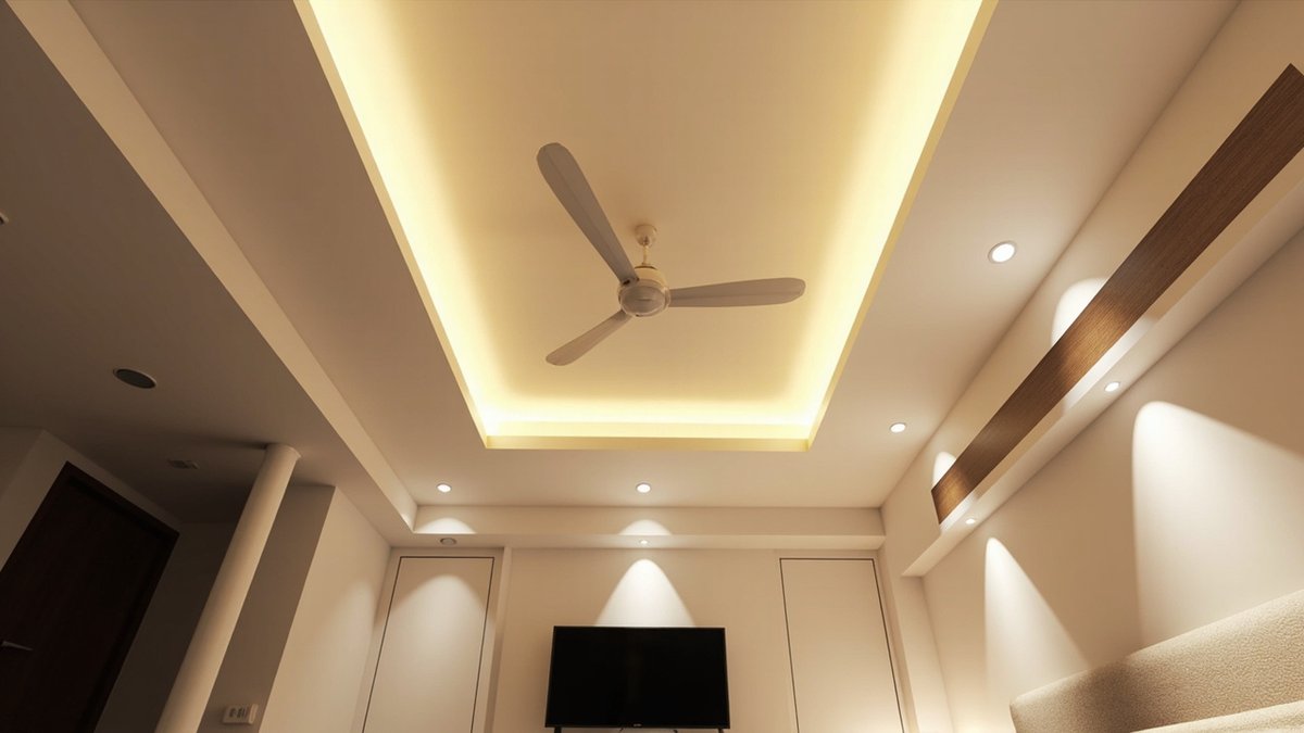 Ilustrasi konsep reka bentuk: siling bilik tidur dengan petak tenggelam dalam berlampu cove, kipas putih dan jalur downlight