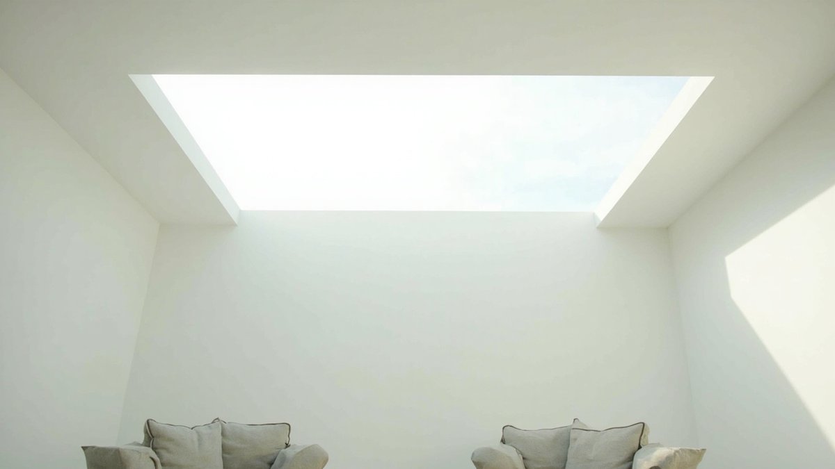 Ilustrasi konsep reka bentuk: skylight segi empat besar di siling putih rata di atas dua kerusi berlengan