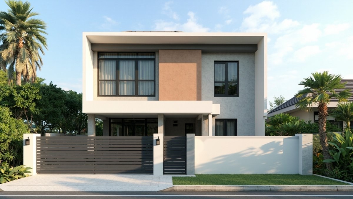 Illustrative concept design: double-storey house with a flat parapet roof line, deep white box frames round the upper floor and a dark slat gate