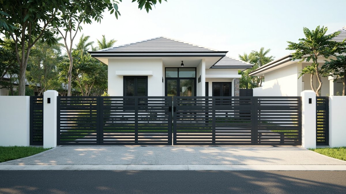 Illustrative concept design: white rendered boundary wall with a black horizontal slat gate matching the black window frames of the house behind