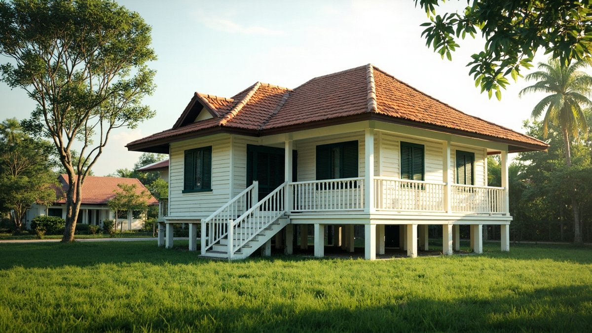 Illustrative concept design: single-storey timber house on stilts with white trims, dark green shutters and a white balustrade verandah and stair
