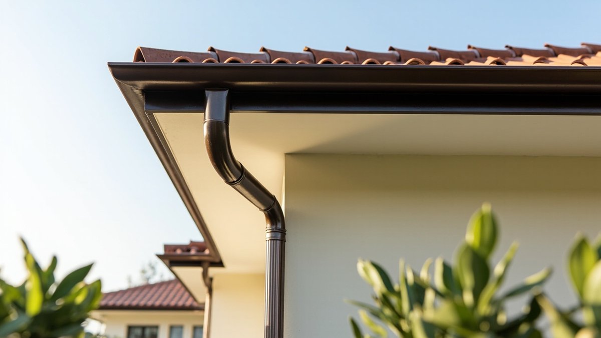 Illustrative concept design: roof corner with a dark brown fascia, a half-round gutter and a curved downpipe against cream walls