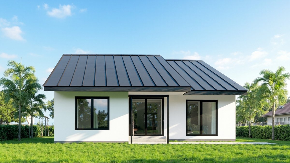 Illustrative concept design: single-storey white house under a charcoal standing-seam metal roof with black window frames