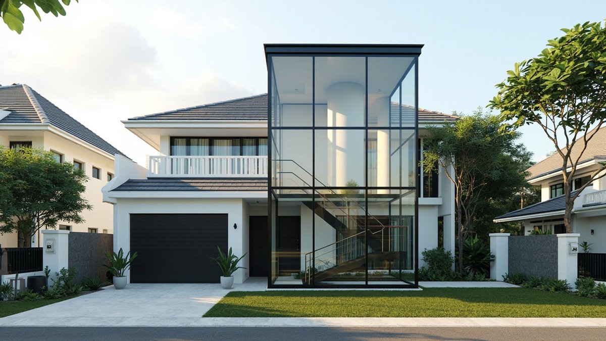 Illustrative concept design: double-storey white house with a full-height black-framed glass box showing the staircase inside
