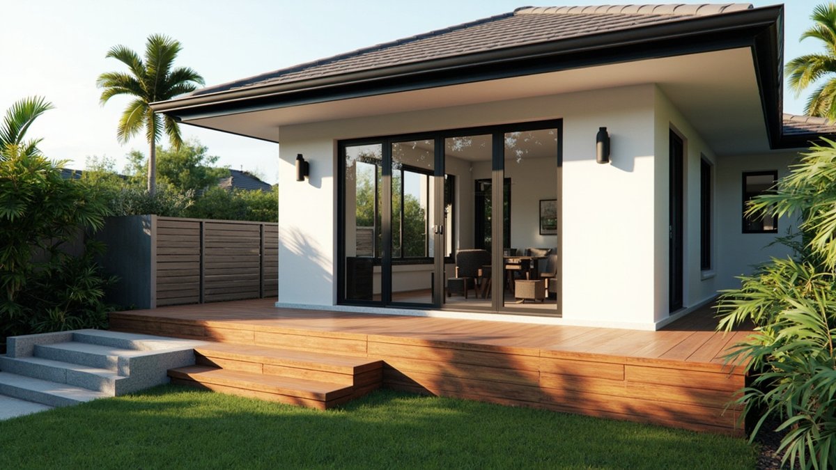 Illustrative concept design: side of a white single-storey house with black-framed glass doors onto a raised timber-look deck and wide steps