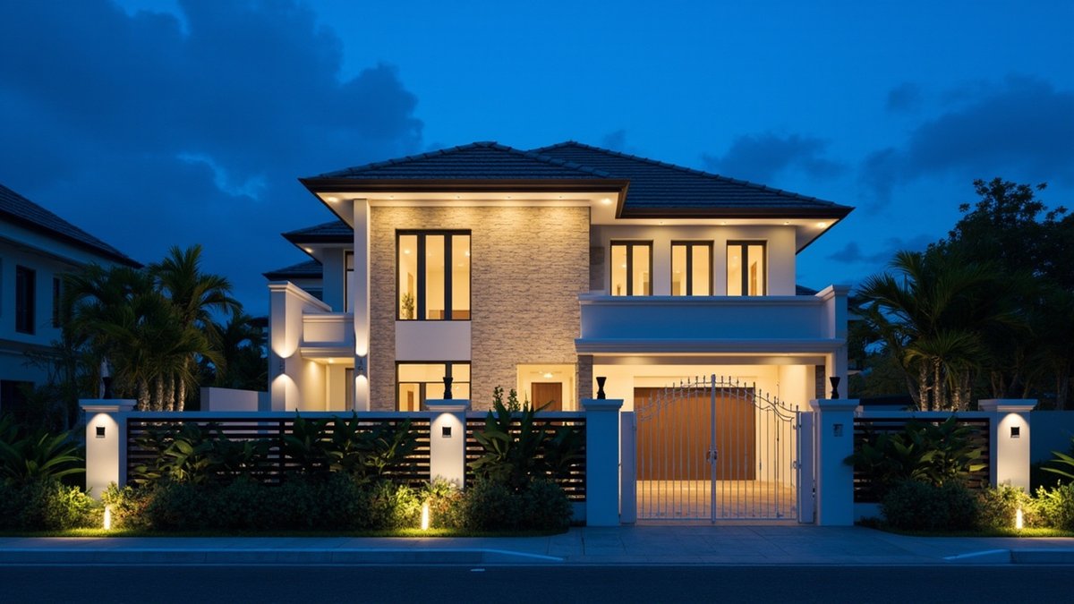Illustrative concept design: double-storey house at dusk with a lit stone feature wall, soffit downlights and wall lights on the boundary pillars