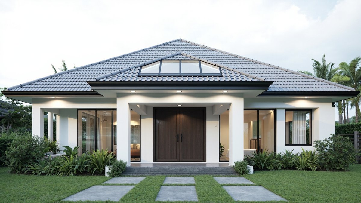Illustrative concept design: single-storey house with a glazed roof light set into its grey hipped tile roof above the entrance