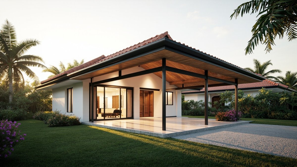 Illustrative concept design: white single-storey house with a deep verandah on slim black posts and a timber-lined ceiling turning the corner