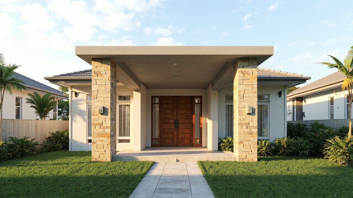 Illustrative concept design: single-storey house with a flat-roofed entrance canopy on two stone-clad columns and a timber double door