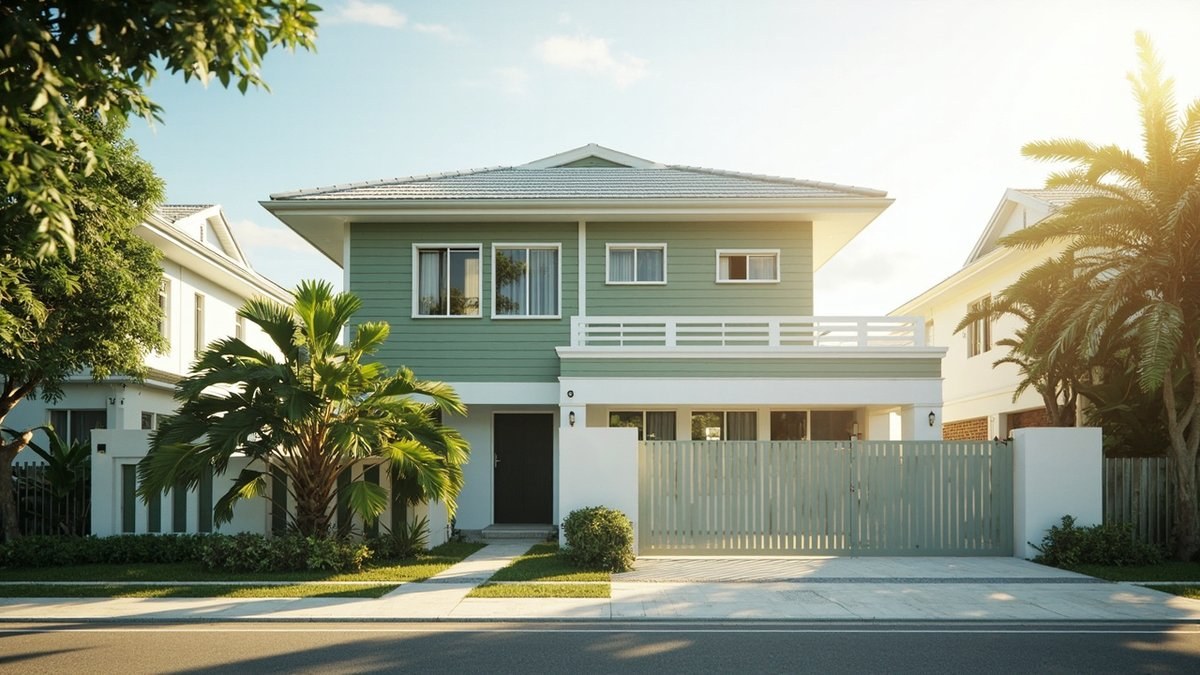 Illustrative concept design: double-storey house with a sage-green weatherboard upper floor over a white ground floor and a pale slat gate
