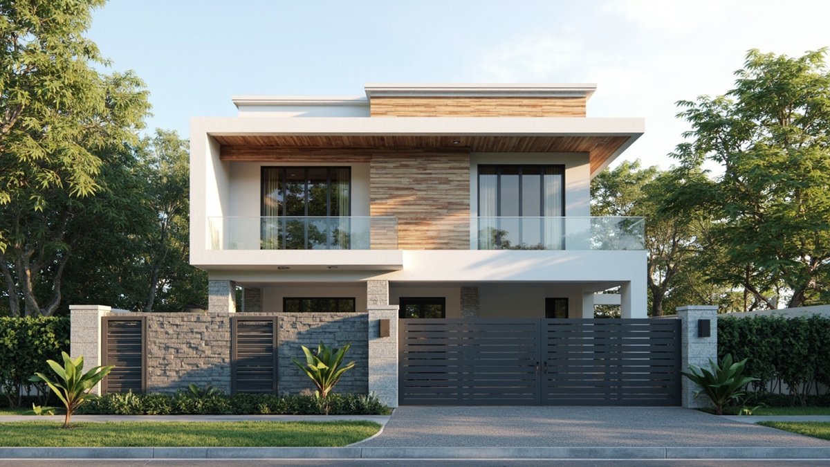 Illustrative concept design: double-storey detached house with white render, a stone and timber-look feature wall, a glass balcony and a closed charcoal slat gate
