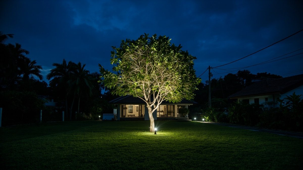 Ilustrasi konsep reka bentuk: sebatang pokok disinari dari bawah di atas laman gelap waktu malam dengan lampu laluan kecil