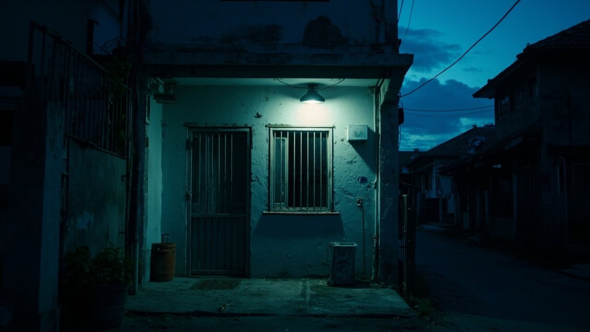 Bahagian belakang rumah teres waktu senja dengan pintu grill dapur, grill tingkap dan lampu sensor