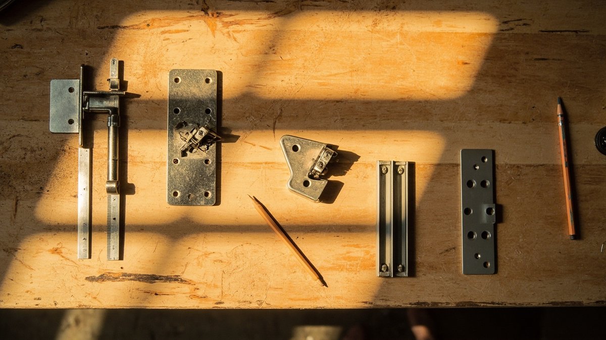 Engsel kabinet tersembunyi, runner laci dan mekanisme lift-up disusun di atas meja kerja plywood
