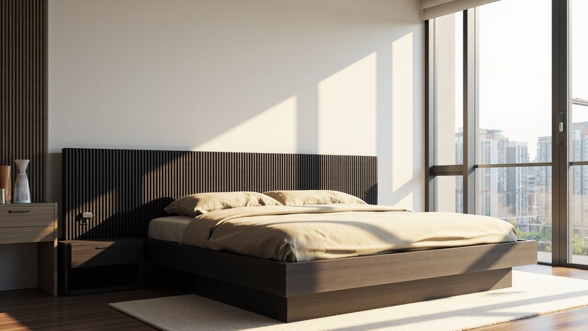 Illustrative concept design: charcoal fluted timber headboard spanning the bed and a built-in side table above a dark platform base