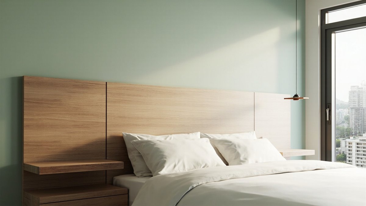 Illustrative concept design: wide wall-mounted oak-tone wood-grain laminate headboard with floating side shelves at both ends on a sage green wall
