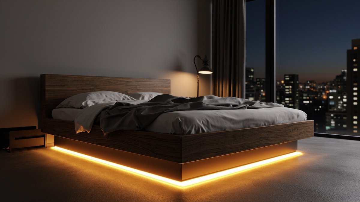 Illustrative concept design: walnut-grain floating bed frame with a warm LED glow from the recessed plinth at night