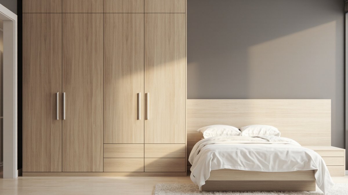 Illustrative concept design: pale ash headboard panel butting against a full-height wardrobe on the same wall with a built-in bedside drawer unit