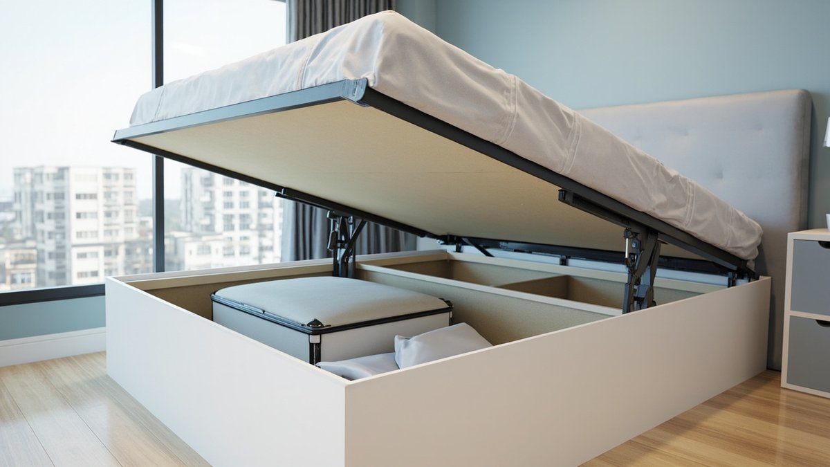 Illustrative concept design: white custom bed with its hydraulic lift-up base raised on gas struts over a storage well holding a suitcase
