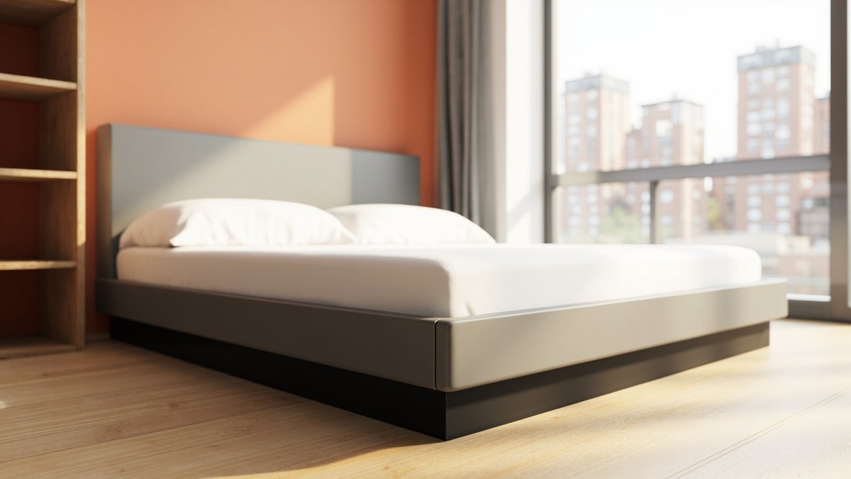 Illustrative concept design: low warm grey laminate platform bed on a recessed black plinth with a matching low headboard against a terracotta wall