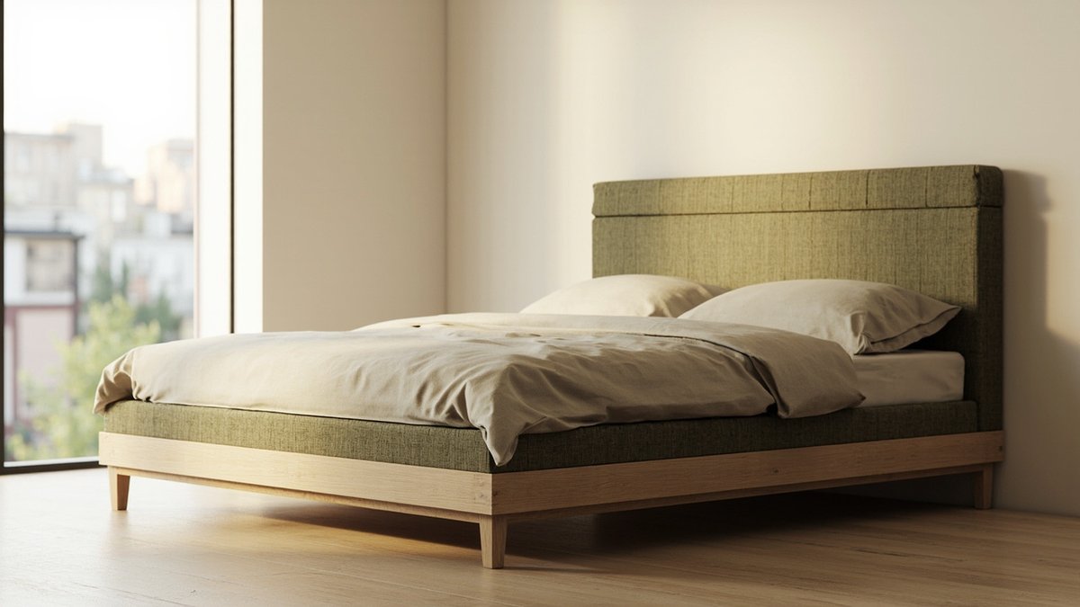 Illustrative concept design: olive green upholstered headboard and base on a light oak bed frame with tapered legs