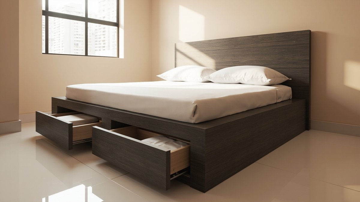 Illustrative concept design: dark smoked oak custom platform bed with a tall headboard and two side drawers pulled out on metal runners