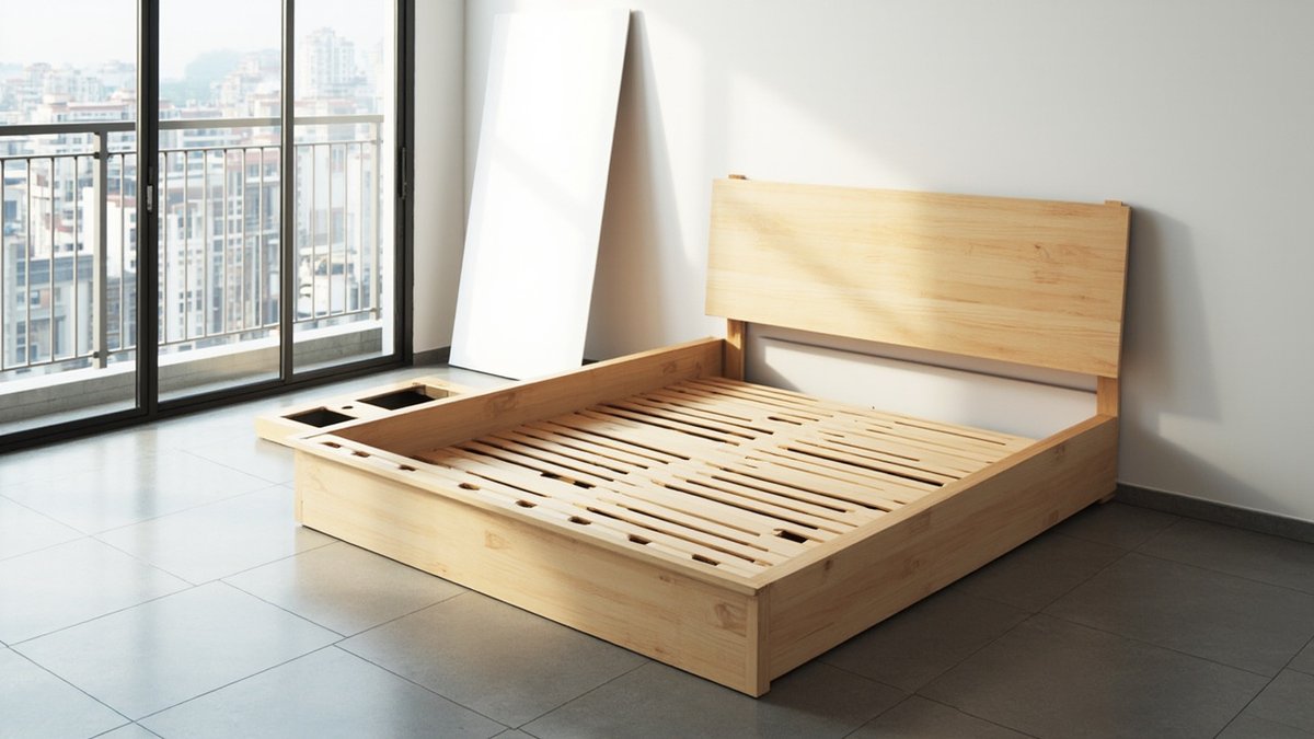 Illustrative concept design: empty custom bed frame with closely spaced timber slats and a plain headboard, the mattress leaning against the wall