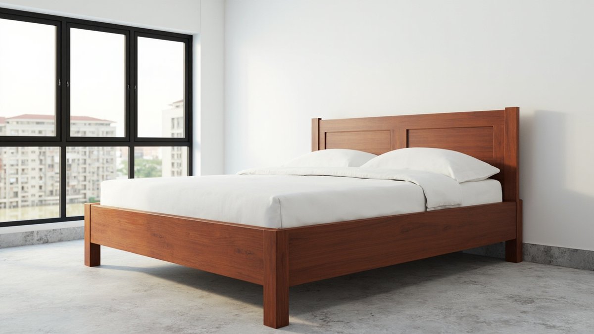 Illustrative concept design: warm reddish solid hardwood bed frame with a two-panel framed headboard, thick rails and square legs