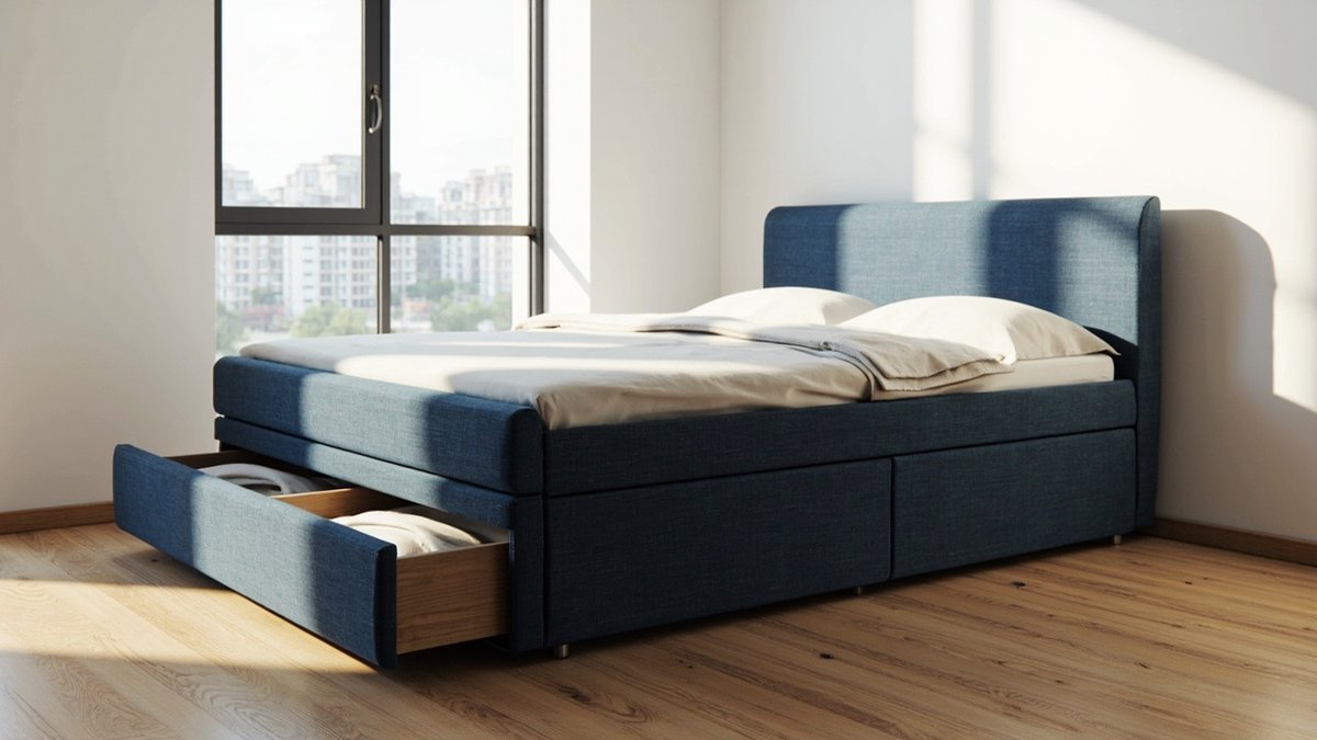 Illustrative concept design: charcoal-blue upholstered divan bed with a curved-top headboard and a side drawer open on folded linen