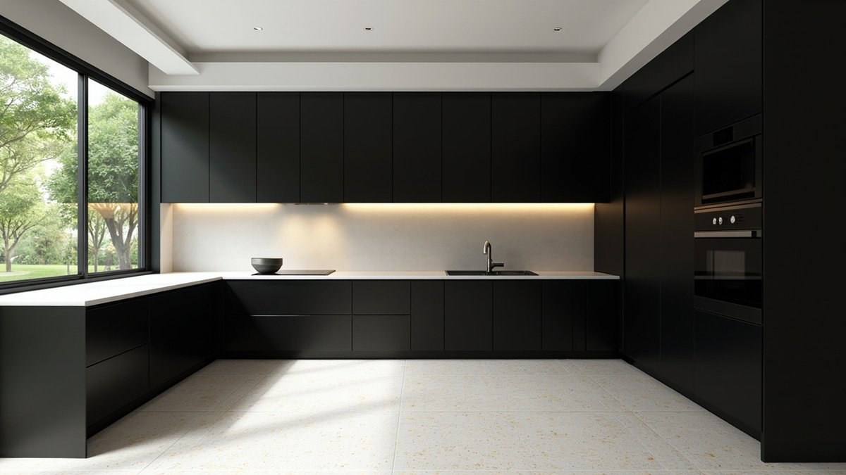 Illustrative concept design: all matt black handleless kitchen with a white worktop and a pale terrazzo floor