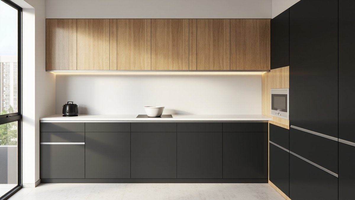 Illustrative concept design: two-tone kitchen with matt charcoal base cabinets and light oak wall cabinets
