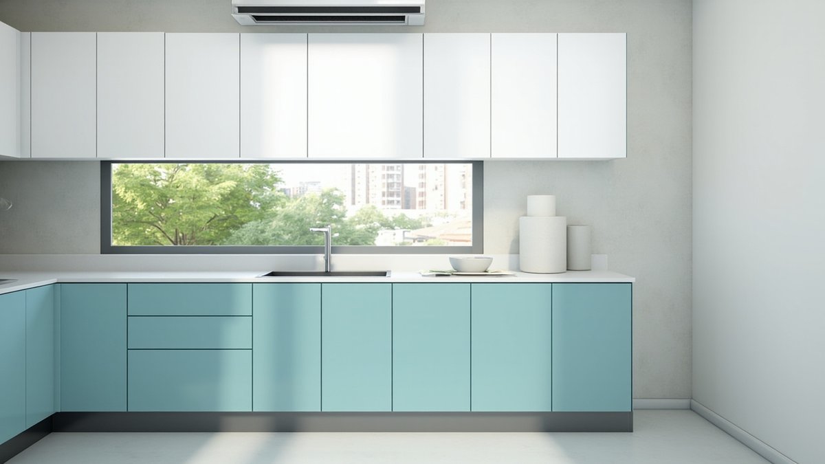 Illustrative concept design: soft aqua blue base kitchen cabinets with white wall cabinets above a strip window