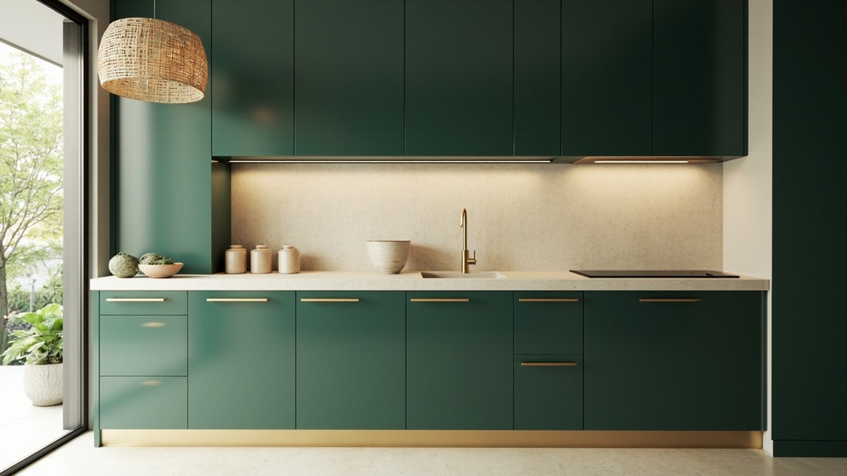 Illustrative concept design: deep forest green kitchen cabinets with long brass handles and a light stone top
