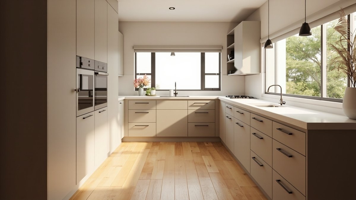 Illustrative concept design: warm greige kitchen cabinets with thin black handles over a timber-look floor