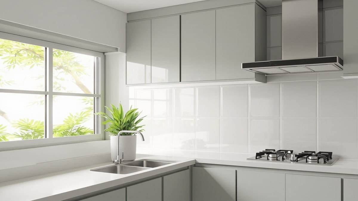 Illustrative concept design: light grey kitchen cabinets in a terrace house wet kitchen with a hob and sink