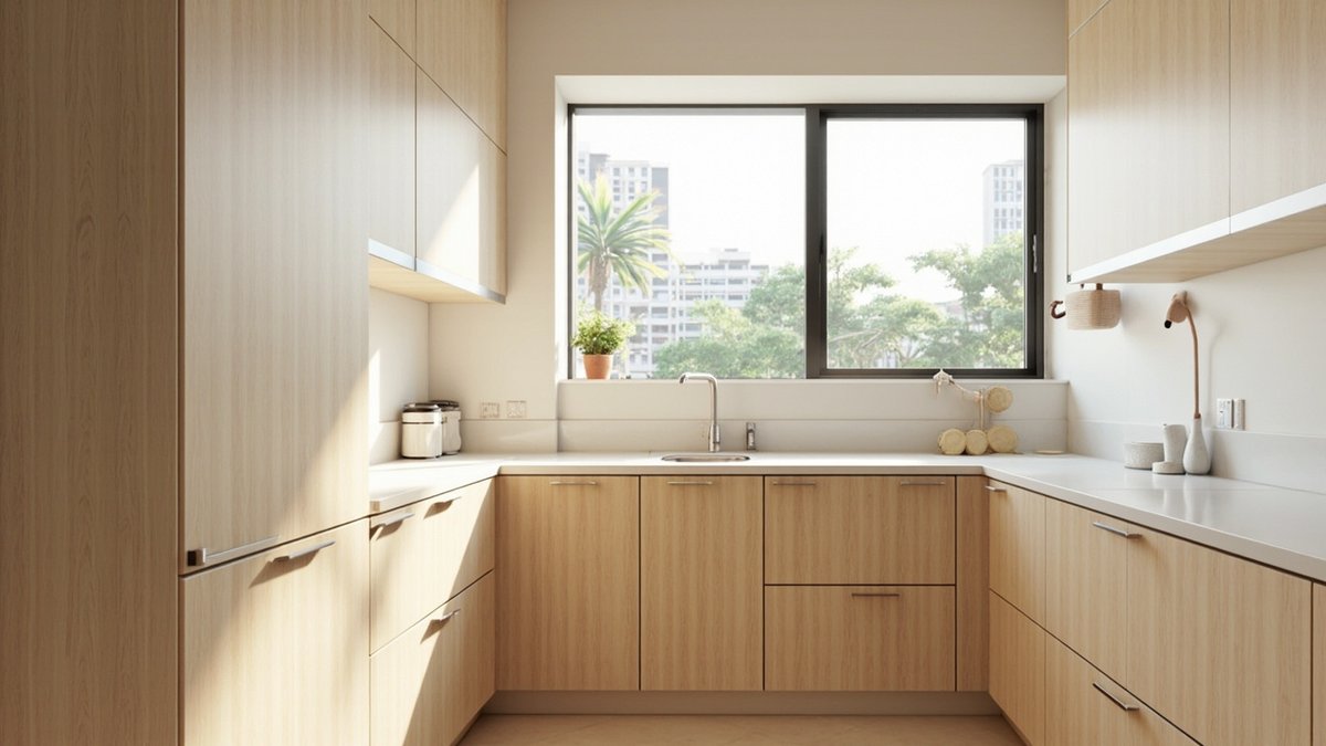 Illustrative concept design: U-shaped light oak wood-grain kitchen with slim bar pulls and a warm white worktop in a condo