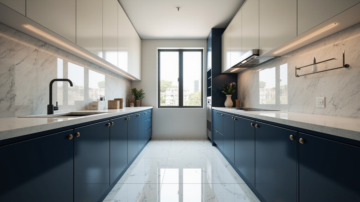Illustrative concept design: galley kitchen with glossy navy base cabinets and brass knobs under off-white wall cabinets