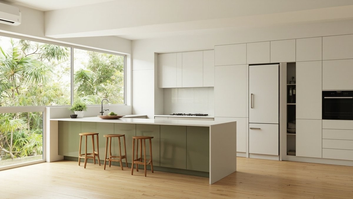 Illustrative concept design: olive green kitchen island with timber stools in front of a white wall of cabinets