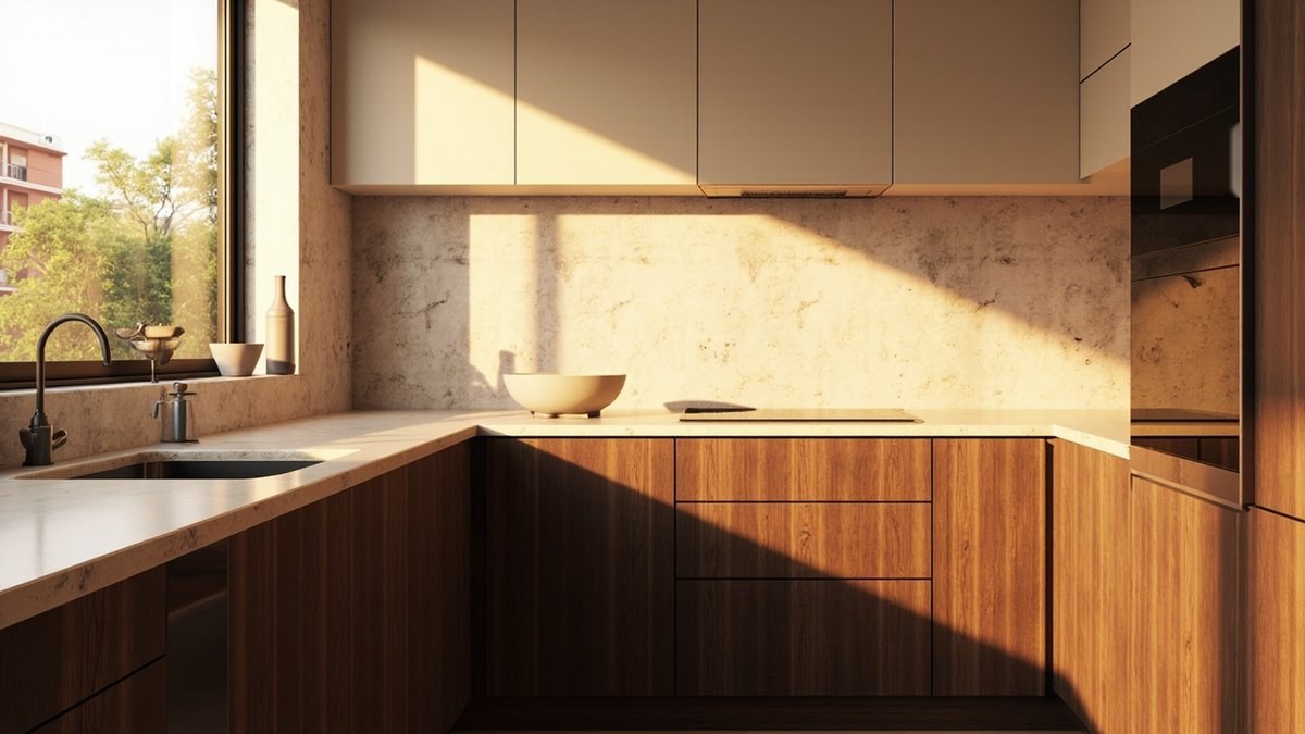 Illustrative concept design: walnut wood-grain base kitchen cabinets with pale cream wall cabinets above