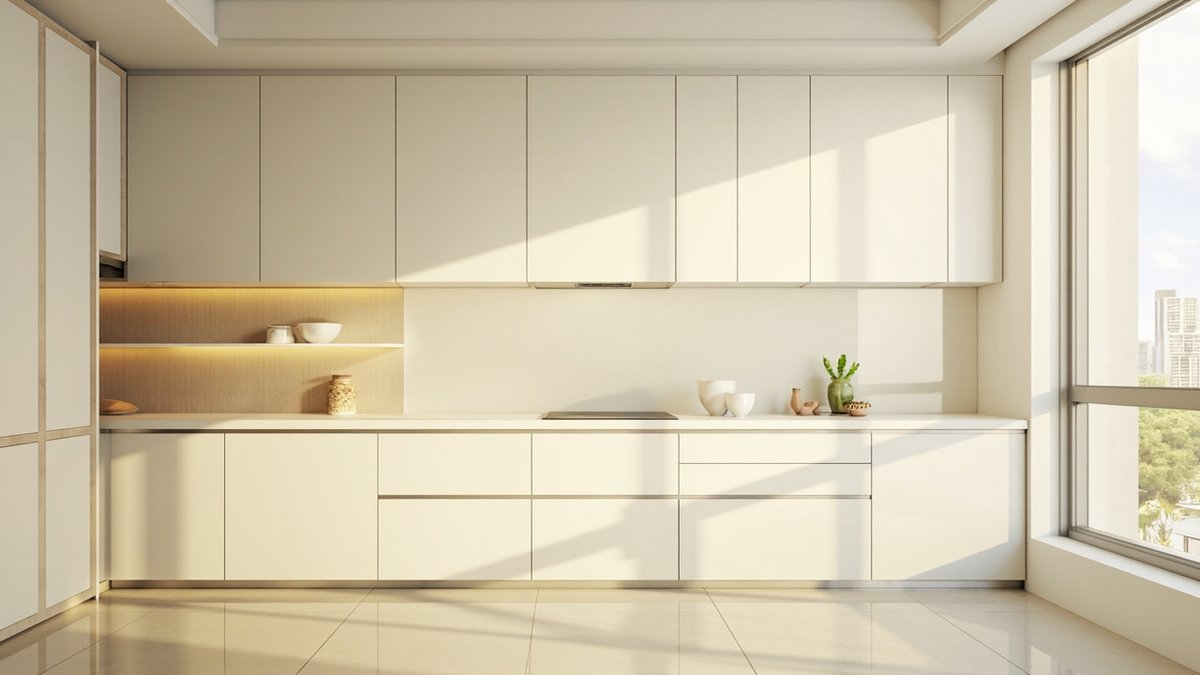 Illustrative concept design: warm white handleless kitchen cabinets with a lit light oak shelf niche in a condo kitchen