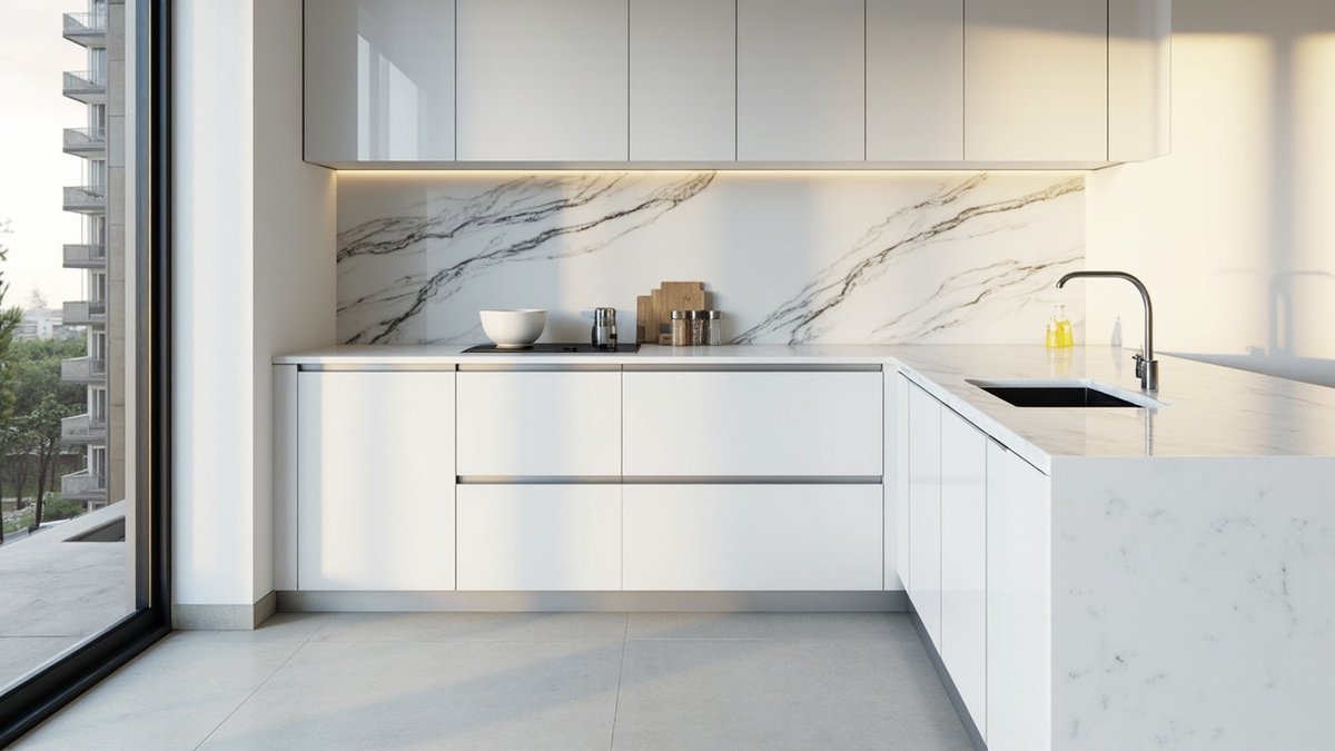 Illustrative concept design: glossy white handleless kitchen cabinets with a bold grey-veined white top and splashback