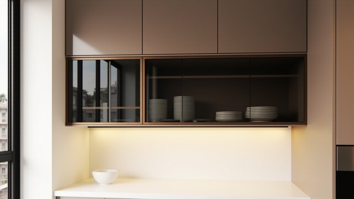 Illustrative concept design: kitchen wall cabinets with slim bronze frames and smoky grey tinted glass doors