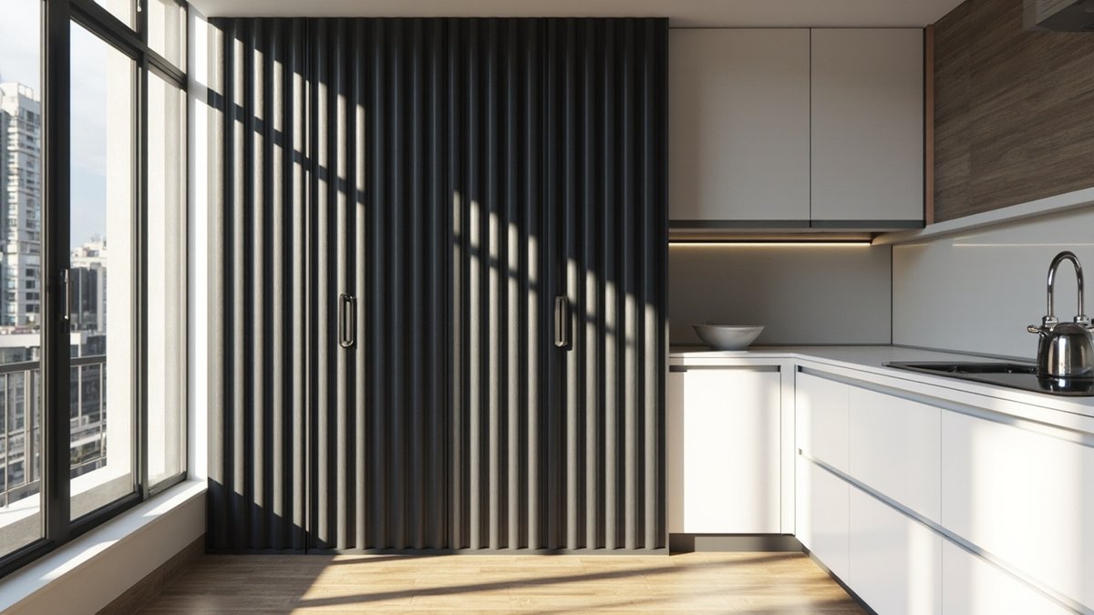 Illustrative concept design: tall charcoal fluted cabinet doors at the end of a white slab kitchen run