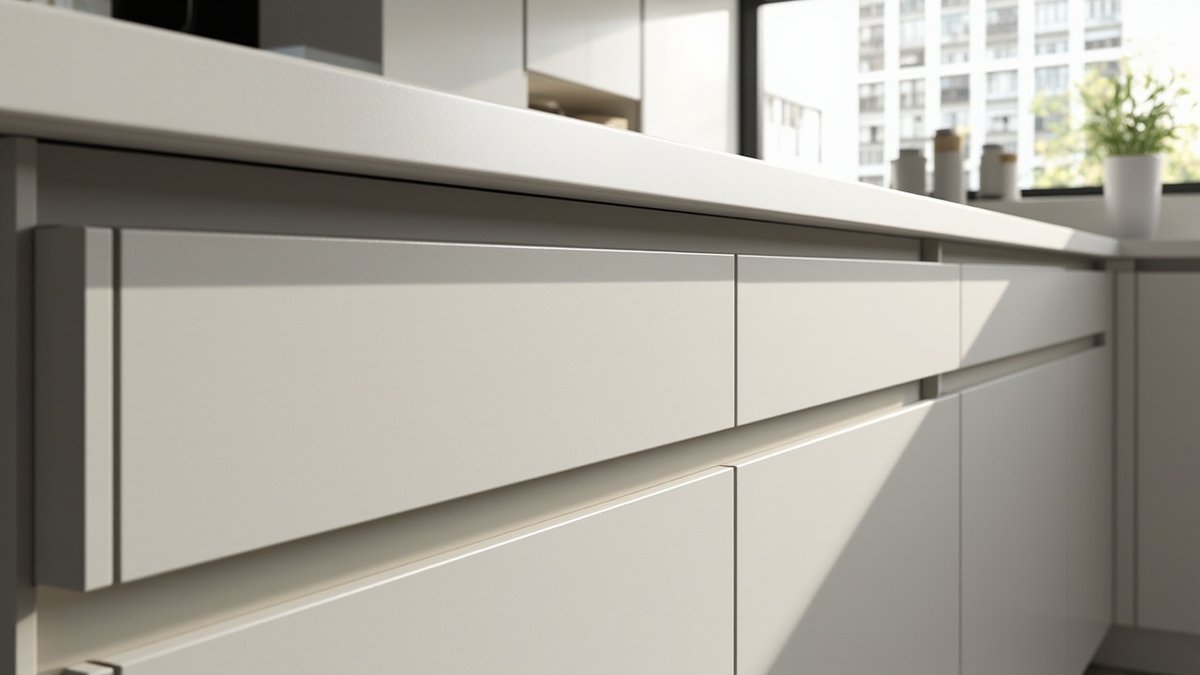 Illustrative concept design: light grey handleless kitchen base cabinets with a recessed aluminium channel under the worktop
