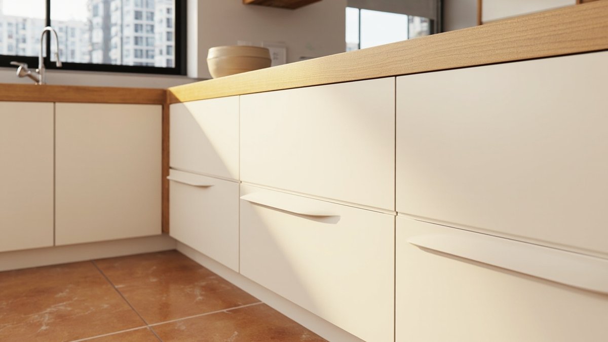Illustrative concept design: cream handleless kitchen drawers with routed finger pulls under a light oak worktop