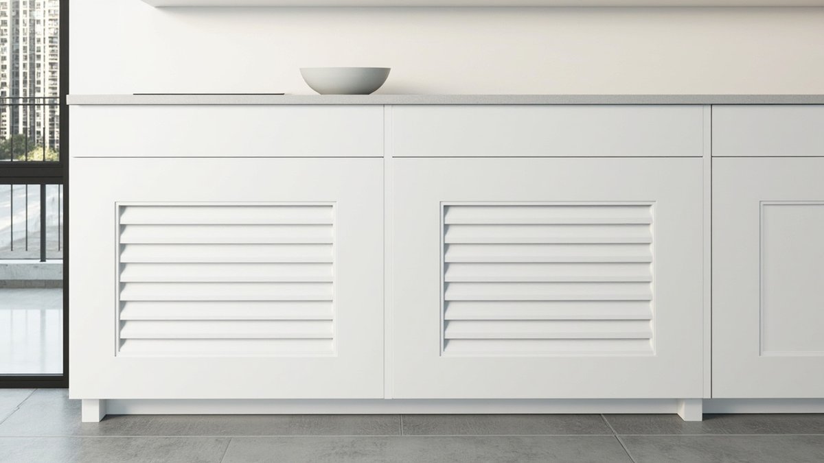 Illustrative concept design: two white louvered kitchen base cabinet doors with horizontal slats beside a plain white door